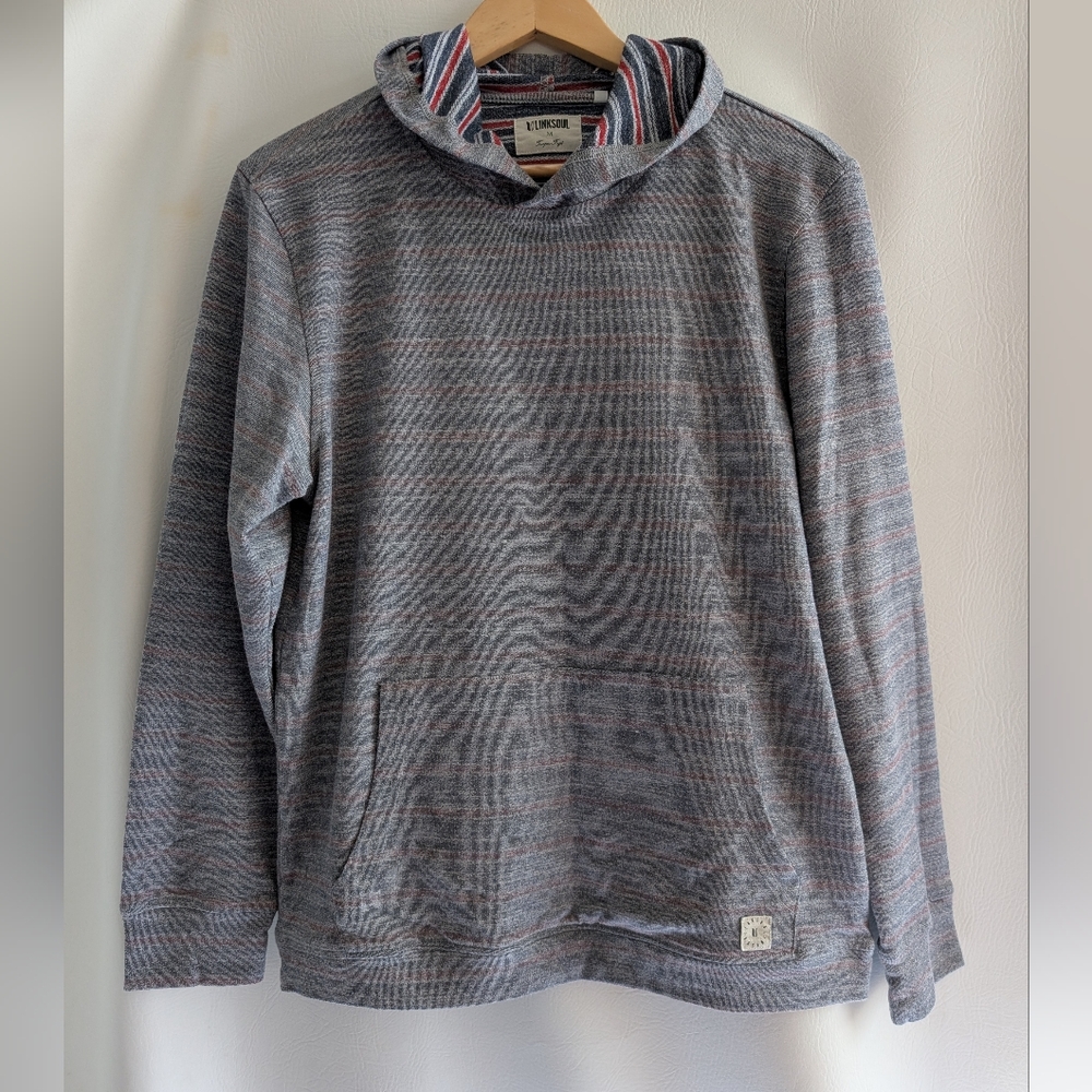 Linksoul Cotton Blend Grey Reverse Stripes Pullover Hoodie Kangaroo Pocket - M